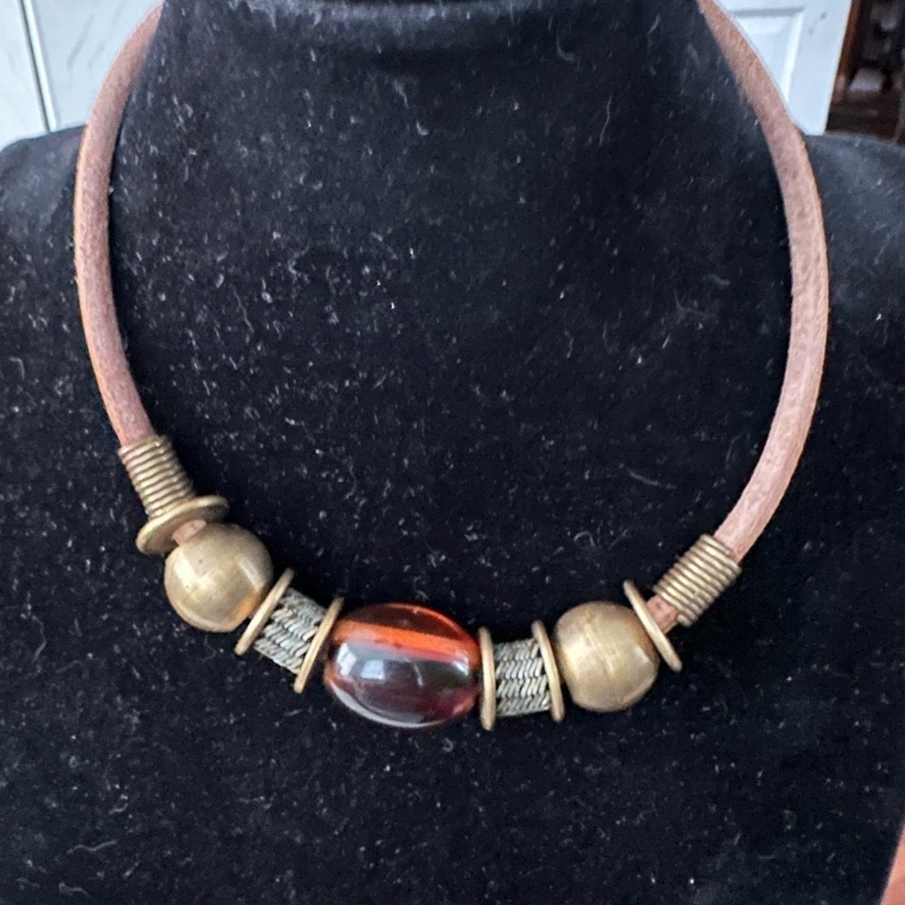 Vintage Bohemian Leather Bead Choker Necklace Women's 1970s